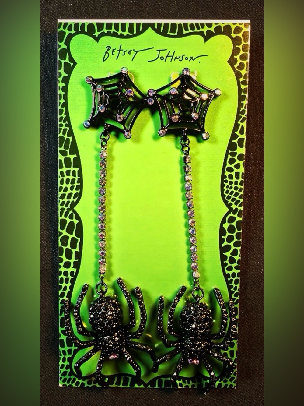 BETSEY JOHNSON Halloween Crystal-Studded Dangling Spider & Web Earrings NEW NWT